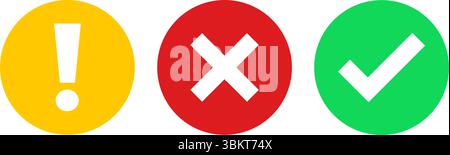 Flaches abgerundetes Häkchen, Ausrufezeichen, Kreuz, x-Markierung, grünes Häkchen, rotes Kreuz und gelbe Ausrufevektorzeichen, Häkchenzeichen Stock Vektor