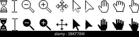 Pixelklick-Cursor-Symbolsatz, verschiedene Computer-Cursor, Handklick, Sanduhr, Lupe, vergrößern und Verkleinern, Verschieben, Warten, Arbeiten, Symbol drücken Stock Vektor