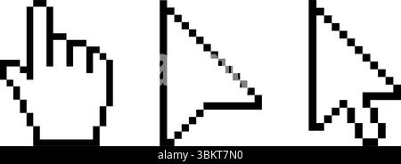 Pixelklick-Cursor-Symbolsatz, verschiedene Computer-Cursor, Handklick, Sanduhr, Lupe, vergrößern und Verkleinern, Verschieben, Warten, Arbeiten, Symbol drücken Stock Vektor