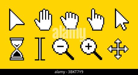 Pixelklick-Cursor-Symbolsatz, verschiedene Computer-Cursor, Handklick, Sanduhr, Lupe, vergrößern und Verkleinern, Verschieben, Warten, Arbeiten, Symbol drücken Stock Vektor