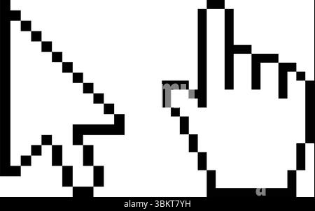 Pixelklick-Cursor-Symbolsatz, verschiedene Computer-Cursor, Handklick, Sanduhr, Lupe, vergrößern und Verkleinern, Verschieben, Warten, Arbeiten, Symbol drücken Stock Vektor