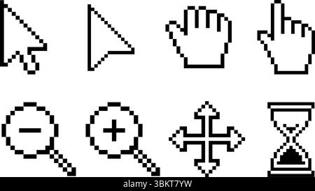 Pixel click cursor icon set, different computer cursors, hand click, hourglass, magnifier, zoom in and out, moving, waiting, working, press symbol Stock Vektor