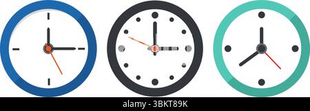 Vektorgrafik für flache Uhr. Wanduhrscheiben, Timer-Uhr, Uhrendesigns für Web-, App- und kreative Projekte, Bürouhr. Stock Vektor