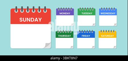 Vektorgrafik des flachen Symbols des Wochenkalenders. Symbolsatz für jeden Wochentag, leerer Wochenkalender mit sieben Tagen, wöchentliche Kalendervorlage Stock Vektor