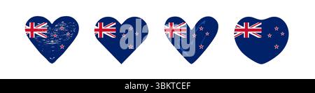 New Zealand Flag Heart Kollektion. Satz kreativer NZ-Flaggen in den Herzen. Niedliche Herzformen. Urlaubs- oder Reisesymbole. Schaltfläche „Web-Sonderangebot“ Stock Vektor