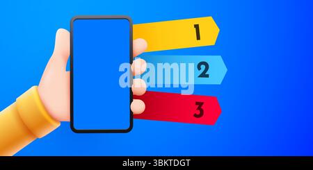 Niedliche 3D-Hand hält Smartphone Mockup. Modell mit drei Optionen. Mobile Info-Konzept. Vektorgrafik. Stock Vektor