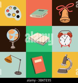 Back-to-School-Symbole und nahtloses Muster mit Buch, Notebook, Globus, Mikroskop und mehr. . Kreatives handgezeichnetes Vektorkonzept Stock Vektor