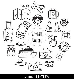 Setzen Sie die Kritzelschilder für die Reise. Tourismus und Sommerabenteuer. Clip-Art-Elemente für unterwegs. Stock Vektor