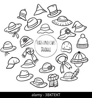 Set von Doodles Illustration von Hüten und Kappen. Dünne Kunst über Kleidung. Stock Vektor
