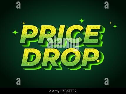 Preissenkung. Dynamischer 3D-Texteffekt mit leuchtenden Lichtern und energiegeladenem Hintergrund. Gelb grün Stock Vektor
