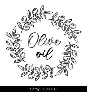 Diese Vektor-Illustration zeigt einen runden Rahmen aus Olivenzweigen, ideal für ein Etikett mit Olivenöl. Sein elegantes Design strahlt natürliche Schönheit aus Stock Vektor