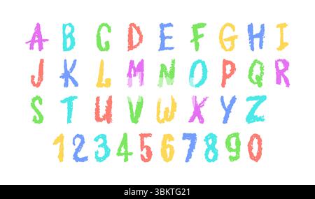 Bunte Vektorillustration des englischen Alphabets und der Zahlen 0-9, handgezeichnet in einem Buntstift, Kreide, Pastellfarben oder Wachs. Markierungseffekt auf einem Stock Vektor