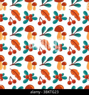 Dieses nahtlose Muster mit Stachelpilzen, Preiselbeeren und Laub schafft eine harmonische Mischung aus Natur. Perfekt für umweltfreundliche Designs, Stock Vektor