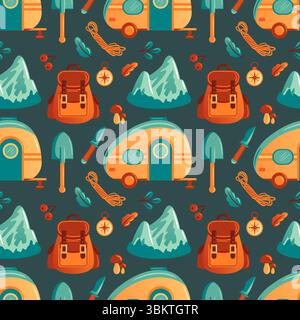 Diese Vektor-Illustration zeigt ein lebendiges Muster mit Elementen wie bunten Anhängern, Rucksäcken, Bergen, Werkzeugen und Naturmotiven Stock Vektor