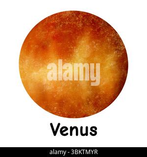 Schöner gelber und oranger Venus Planet des Weltraumsolarsystems isoliert auf weißem Hintergrund. Aquarell digitale Illustration Stockfoto