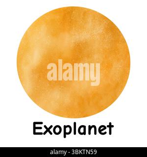 Schöner gelber und oranger Exoplanet Planet des Weltraums isoliert auf weißem Hintergrund. Digitale Illustration mit Aquarell Stockfoto