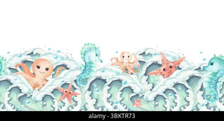 Kraken Seestern Seepferdchen Zeichen auf Wellenwaben nahtlose Grenze horizontal. Aquarellzeichen Kinderillustration. Lebewesen Meer, Meer Stockfoto