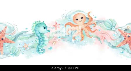 Seepferd, Seesterne, Kraken Kinderillustration nahtlose horizontale Grenze auf mintpinkem Aquarellfleck, Algen, Wellen. Isolierte Zeichen Stockfoto
