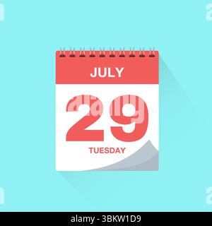 Tageskalender mit Datum 29. Juli, Kalender-Symbol-Vektor. Erinnerung an den Veranstaltungskalender, Symbol für Geschäftstermine oder Termine, Planer für den Tageskalender Stock Vektor