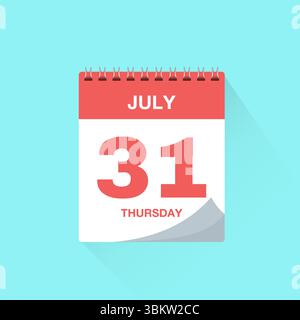 Tageskalender mit Datum Juli 31, Kalendersymbolvektor. Erinnerung an den Veranstaltungskalender, Symbol für Geschäftstermine oder Termine, Planer für den Tageskalender Stock Vektor