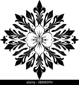 Symmetrisches Schwarzes Mandala Mit Blumenmuster – Elegante Dekorative Grafik Stock Vektor