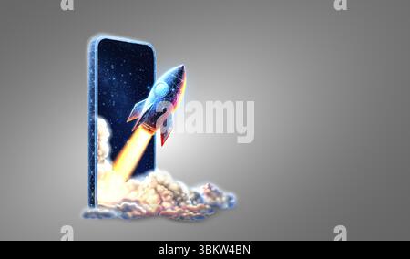 Digitaler Raketenstart und Telefon. Anwendungsstart, neues Projekt, schnelle Technik Stock Vektor