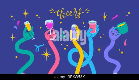 Banner mit flexiblen Händen zum Anfeuern. Geschwungener Handbecher, Glas Wein und Champagner, Bier. Kreatives positives Partyposter, Getränkefest, Neoteric Stock Vektor