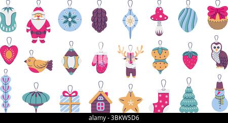 Flache weihnachtsspielzeuge. Verschiedene Retro-Weihnachtsbaumschmuck. Glasspielzeug weihnachtsmann, Rentier, Eule, Geschenk, Pilz. Winterferien neoterische Vektorelemente Stock Vektor