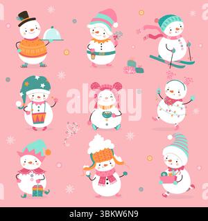 Cartoon Schneemann. Lustige Schneemänner, verschiedene Posen, Winter positive Charaktere. Weihnachtsfeiertage, Silvester-Maskottchen mit Girlande und heißem Getränk, heute Stock Vektor