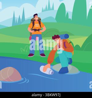 Touristen in der Nähe des Wassers. Glückliche Reisende mit Rucksack Stock Vektor