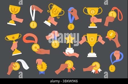 Auszeichnungen in Händen. Sport Trophäen Kollektion triumphiert Medaillen und Abzeichen aktuelle Vektorillustrationen im flachen Stil Stock Vektor