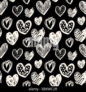 Grunge Herz-Semless Muster auf schwarzem Hintergrund. Filzstift kritzelte Herzmuster. Markierstift handgezeichnete Herzen romantisches Design für Stoffe und Textilien Stock Vektor