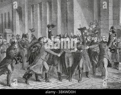 Rémy Joseph Isidore Exelmans (1775-1852). Marschall von Frankreich. Er nahm an den Französischen Revolutionskriegen und den Napoleonischen Kriegen Teil. Er wurde wegen Korrespondenz mit Murat und Spionage angeklagt und vor einem Kriegsgericht unter dem Vorsitz von General Drouet, Graf von Erlon, gestellt und am 23. Januar 1815 freigesprochen. Glückwunsch an General Exelmans zu seinem Freispruch. Zeichnung von Philippoteaux. Stich von Pontenier. "Histoire du Consulat et de l'Empire" (Geschichte des Konsulats und des französischen Reiches unter Napoleon), von A. Thiers. Band IV. Veröffentlicht in Barcelona, 1879. Stockfoto