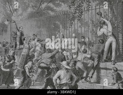 Paris, Frankreich. Napoleon im Elysée Palace nach der Niederlage bei Waterloo, 1815. Die Menge, die sich auf der Avenue de Marigny versammelt hat, lobt Napoleon I., begleitet von Lucien Bonaparte. Zeichnung von Philippoteaux. Stich von Sargent. "Histoire du Consulat et de l'Empire" (Geschichte des Konsulats und des französischen Reiches unter Napoleon), von A. Thiers. Band IV. Veröffentlicht in Barcelona, 1879. Stockfoto