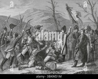 Der Flug des Adlers (1. Bis 20. März 1815). Napoleons marsch von Elba nach Paris. Napoleon I. kehrt nach seinem ersten Exil von der Insel Elba nach Frankreich zurück. Ankunft Napoleons und seiner Truppen in Golfe-Juan am 28. Februar 1815. Colonel Charles de la Bédoyère (vorne rechts), der das 7. Regiment der Linie kommandiert, begrüßt Napoleon. Zeichnung von Girardet nach Carl von Steubens Gemälde 1818. Stich von Chapon. "Histoire du Consulat et de l'Empire" (Geschichte des Konsulats und des französischen Reiches unter Napoleon), von A. Thiers. Band IV. Veröffentlicht in Barcelona, 1879. Stockfoto