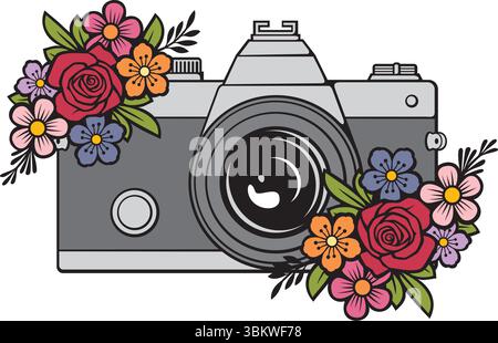 Retro-Kamera mit Blumen. Vektorabbildung. Stock Vektor