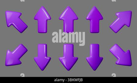 Leuchtend violette 3D-Pfeilsymbole, die in verschiedene Richtungen zeigen, auf einem nahtlosen Vektorhintergrund. Perfekt für Webdesign, UI-Elemente oder digitale Anwendungen Stock Vektor