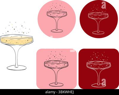 Sektglas mit Logoschriftzug. Abbildung der grafischen Vektorfarbe. Perfekt für Karten, Dekorationen, Aufkleber, Logo, Menü, verschiedene Designs. F Stock Vektor