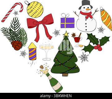 Weihnachtsartikel Herzkomposition farbiger Schriftzug. Abbildung der grafischen Vektorfarbe. Perfekt für Karten, Dekorationen, Aufkleber, Logo, Menü, Variou Stock Vektor