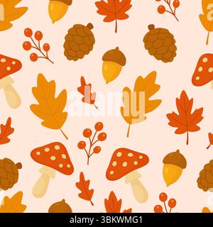 Nahtloses Herbstmuster mit Eichenblättern, roten Pilzen, Tannenzapfen, Eicheln und Beeren in warmen Herbstfarben Stock Vektor