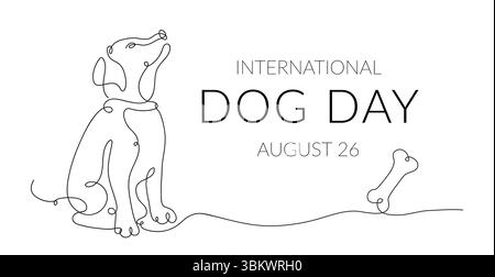 Konzeptionelles Banner zur Feier des Internationalen Hundetages. Horizontaler Vektorhintergrund mit einem sitzenden Hund in einem Linienart-Stil. Fertiges Design für ein Webbanner, eine Einladung oder einen Flyer mit Textbereich. Stock Vektor