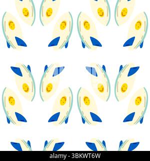 Verspielte Surfbretter mit lächelndem Sonnendesign in nahtloser Wiederholung. Flaches Sommermuster im Cartoon-Stil mit gelben und blauen Akzenten auf weißem Hintergrund. Stock Vektor