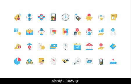 Farbsymbole für Prüfung von Bankkonten und Finanztransaktionen, Zahlungseingang und Kontoauszug, Barrückgabe. Geldhandel, Buchhaltung und Dokumentenbericht, Portfolio, Mobile Banking flache Vektor-Illustration Stock Vektor