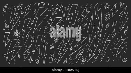 Kreideskizze mit Blitzschlägen und Musiknoten und Schildern als kreative Akzentsymbole. Konturieren Sie dekorative Objekte, die von Hand auf eine Tafel gezeichnet wurden. Ve Stock Vektor