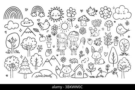 Eine charmante Kritzelei zeigt Kinder, Tiere, natürliche Landschaft, blühende Blumen. Handgezeichnete Elemente umreißen, perfekt für Themen aus der Kindheit. Schwarz Stock Vektor