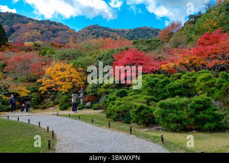 Besucher genießen die lebhaften Herbstfarben in einem japanischen Garten. Stockfoto