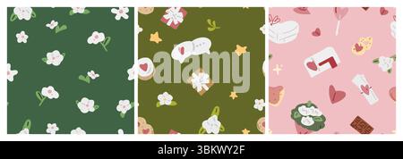 Drei nahtlose Muster mit Limonadenflaschen im Cartoon-Stil, klassischen Zitronen-, Kiwi- und Minzgeschmack. Flache Illustrationen mit hellem Hintergrund und weichem Hintergrund Stock Vektor