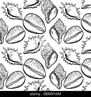 Detailliertes nahtloses Muster aus gravierten Muscheln im klassischen Tintenskizzenstil, ideal für Sommerverpackungen und maritimen Hintergrund. Stock Vektor