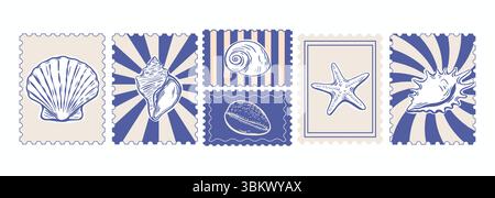 Sechs handgezeichnete Stempel mit Muscheln und Seesternen im mediterranen Vintage-Stil, ideal für Reisen, Dekoration oder Sommermotive. Stock Vektor