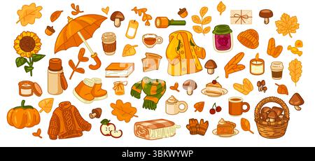 Großes Set aus gemütlichen Herbstgegenständen, einschließlich Kleidung, Getränke, Essen, Blätter, Pilze, und saisonale Einrichtung. Flache Illustrationen in warmer Farbe Stock Vektor